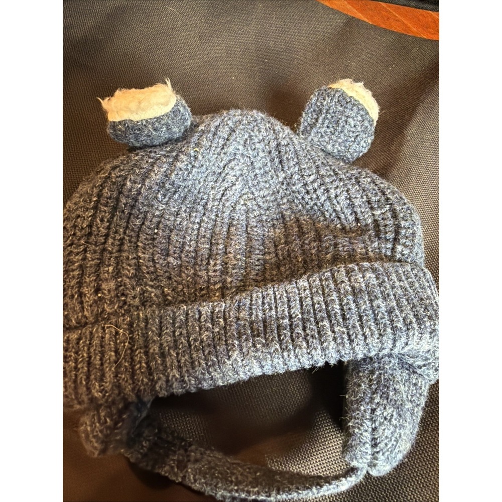 Baby Gap Blue Heather Knit Sherpa Lined Bear Ear Trapper Beanie Hat 0-3M